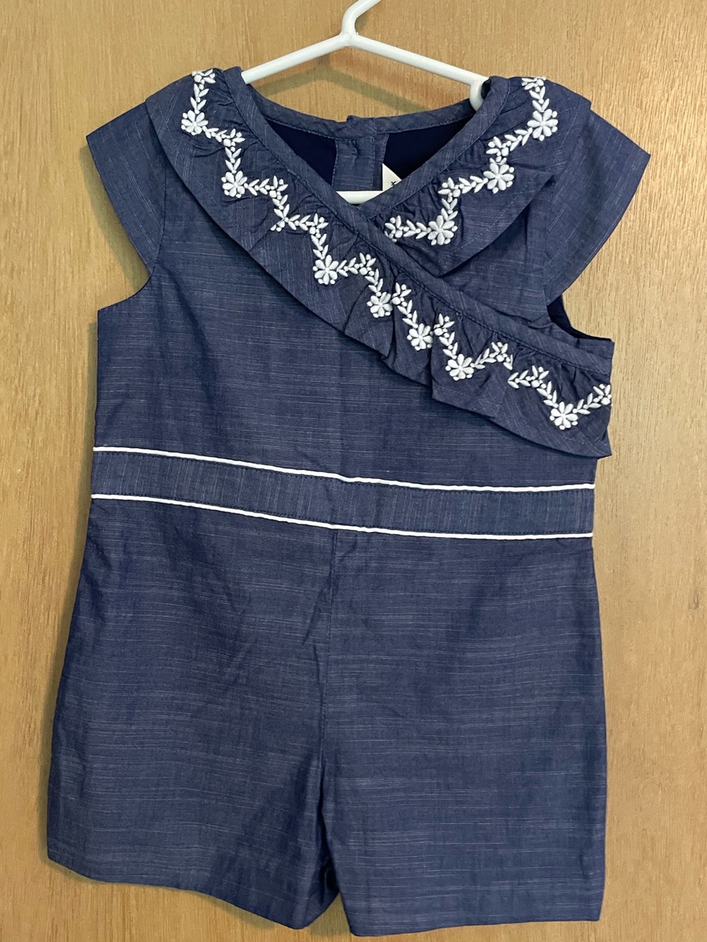 Janie & Jack Girls Chambray Floral Trim Romper - Size 4 - NEW - NWT